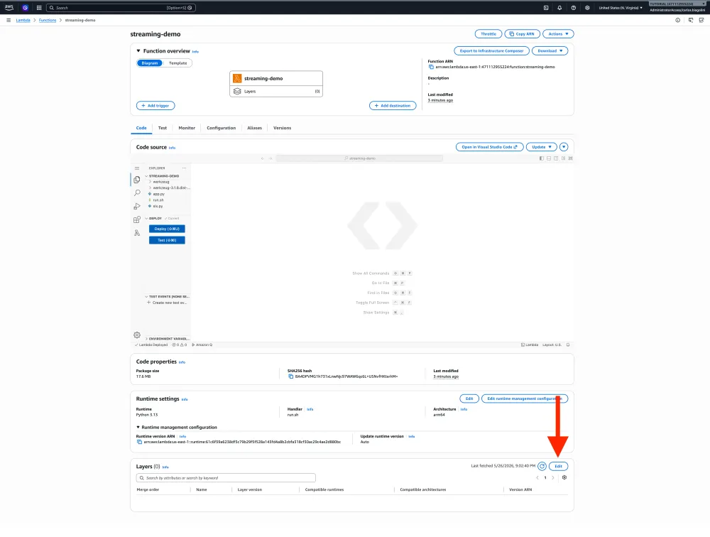 Tela do console AWS Lambda mostrando a seção Layers com o botão Add a layer disponível para adicionar novas layers à função