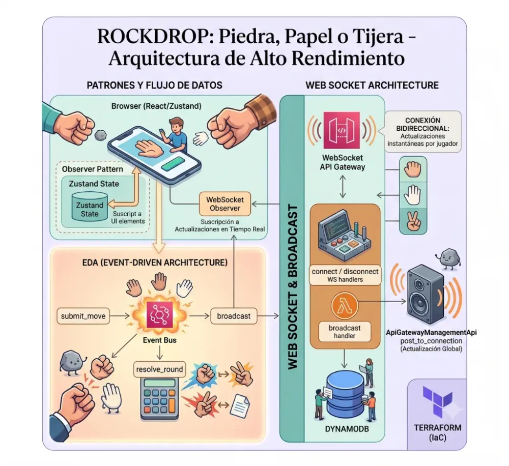 Arquitectura WebSocket, explicada con el juego Piedra, Papel o Tijera (Rock, Paper, Scissors)