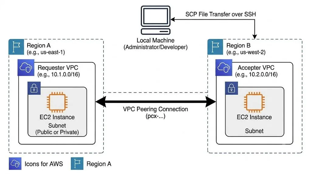 Configuring Cross-Region VPC Peering and Secure EC2 File Transfers via SCP
