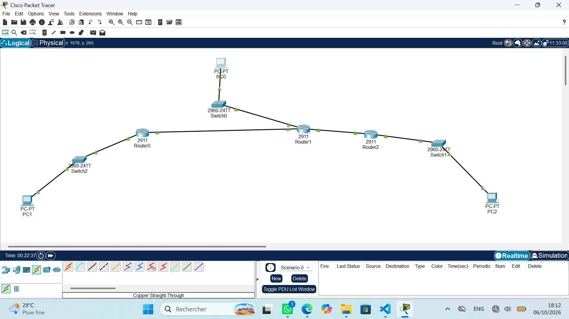 Connexion de 3 ordinateurs en reseau sur Cisco Packet Tracer