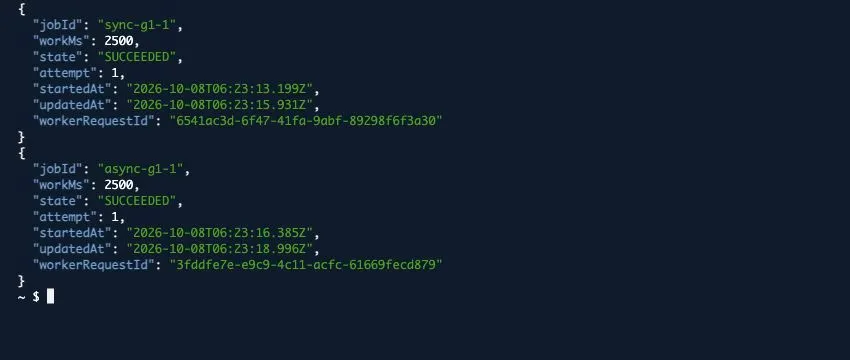 通常比較のsync-g1-1とasync-g1-1が、どちらもworkMs 2500、attempt 1、SUCCEEDEDになったS3の実測状態。