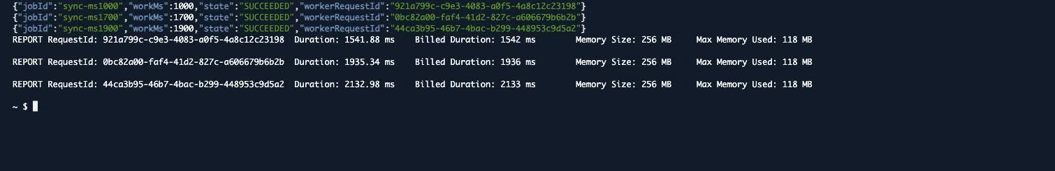 待機1000・1700・1900msの同期jobが成功したS3の状態と、同じRequestIdのREPORT Durationを表示したAWS CLI画面。