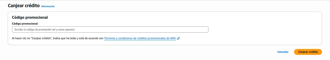 Canjear crédito en AWS Billing Formulario oficial para canjear codigos promocionales en AWS Billing