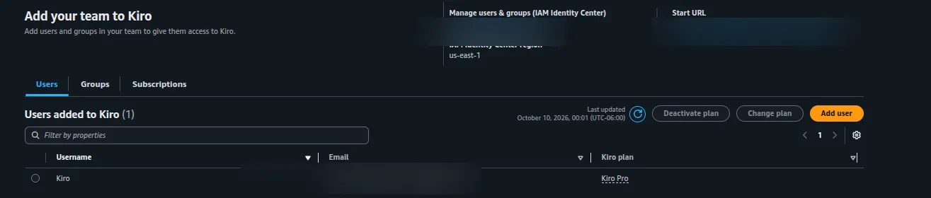 Panel de usuarios en la consola de Kiro Vista de usuarios agregados al servicio Kiro en la consola de AWS