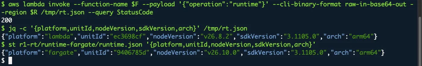 AWS CloudShellでLambdaを呼び、platform lambdaのNode.js v26.8.2とSDK 3.1105.0、S3に残ったFargateのtaskの記録からNode.js