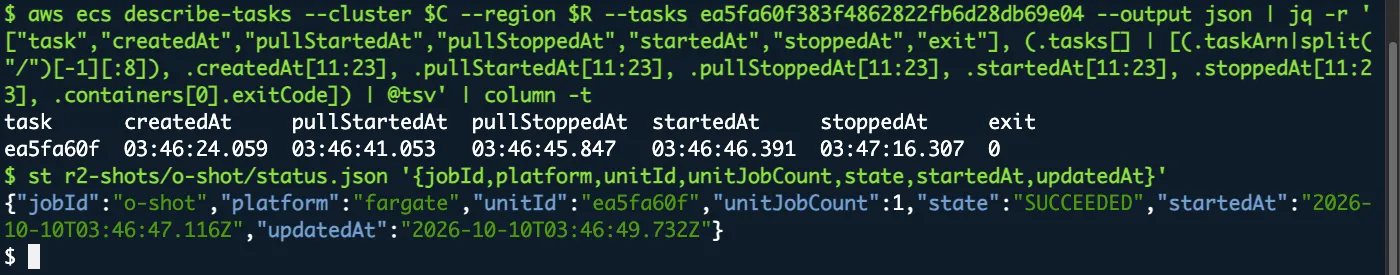 AWS CloudShellでECSのdescribe-tasksを実行し、撮影用に起動した1job1taskのtaskのcreatedAt、pullStartedAt、pullStoppedAt、s