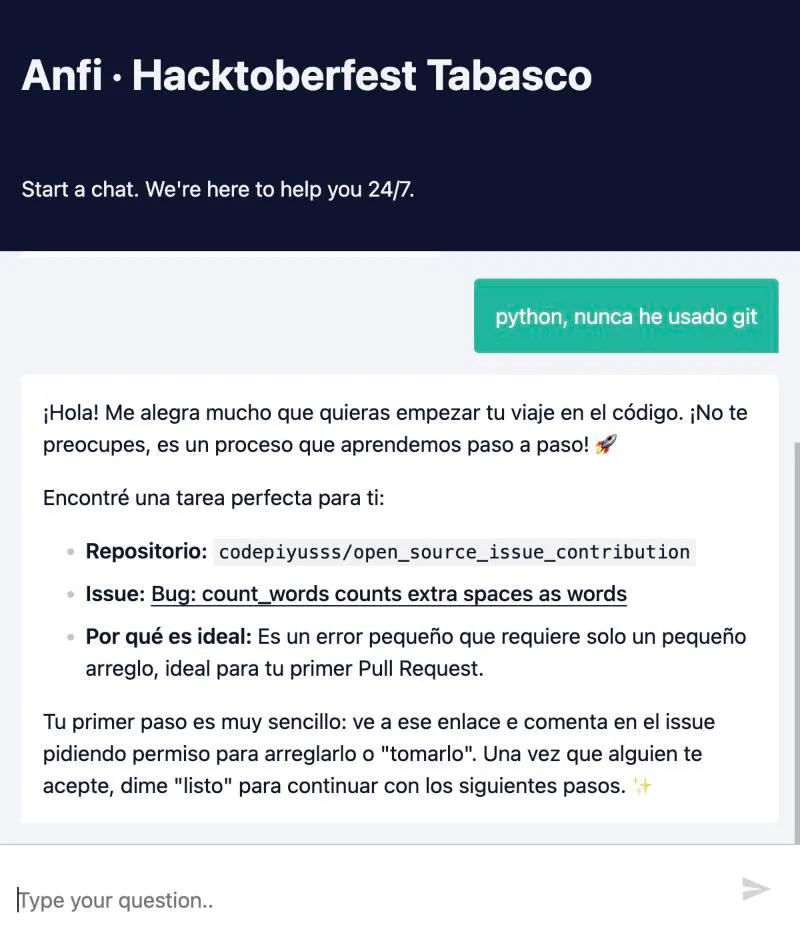 Anfi in n8n hosted chat Anfi in n8n's hosted chat recommending one beginner-friendly Python issue and the first step
