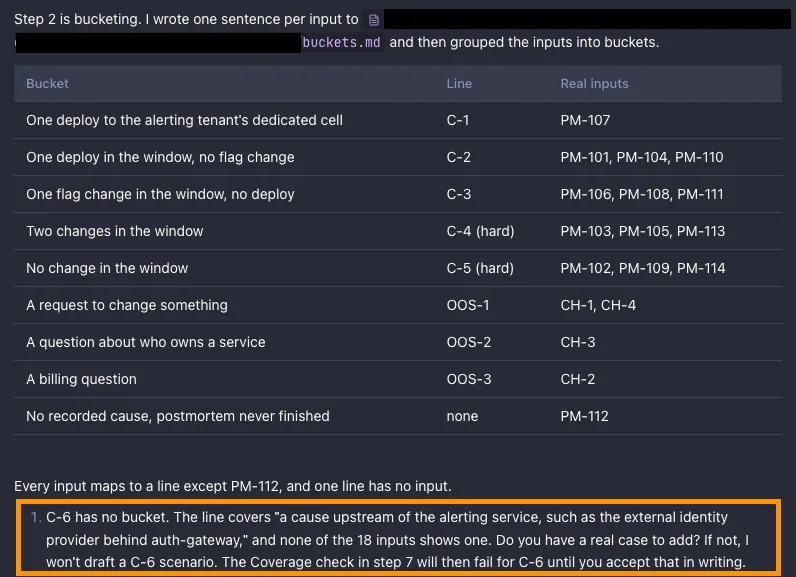 Bucket table mapping real inputs to job lines, with a highlighted note that no input shows C-6.