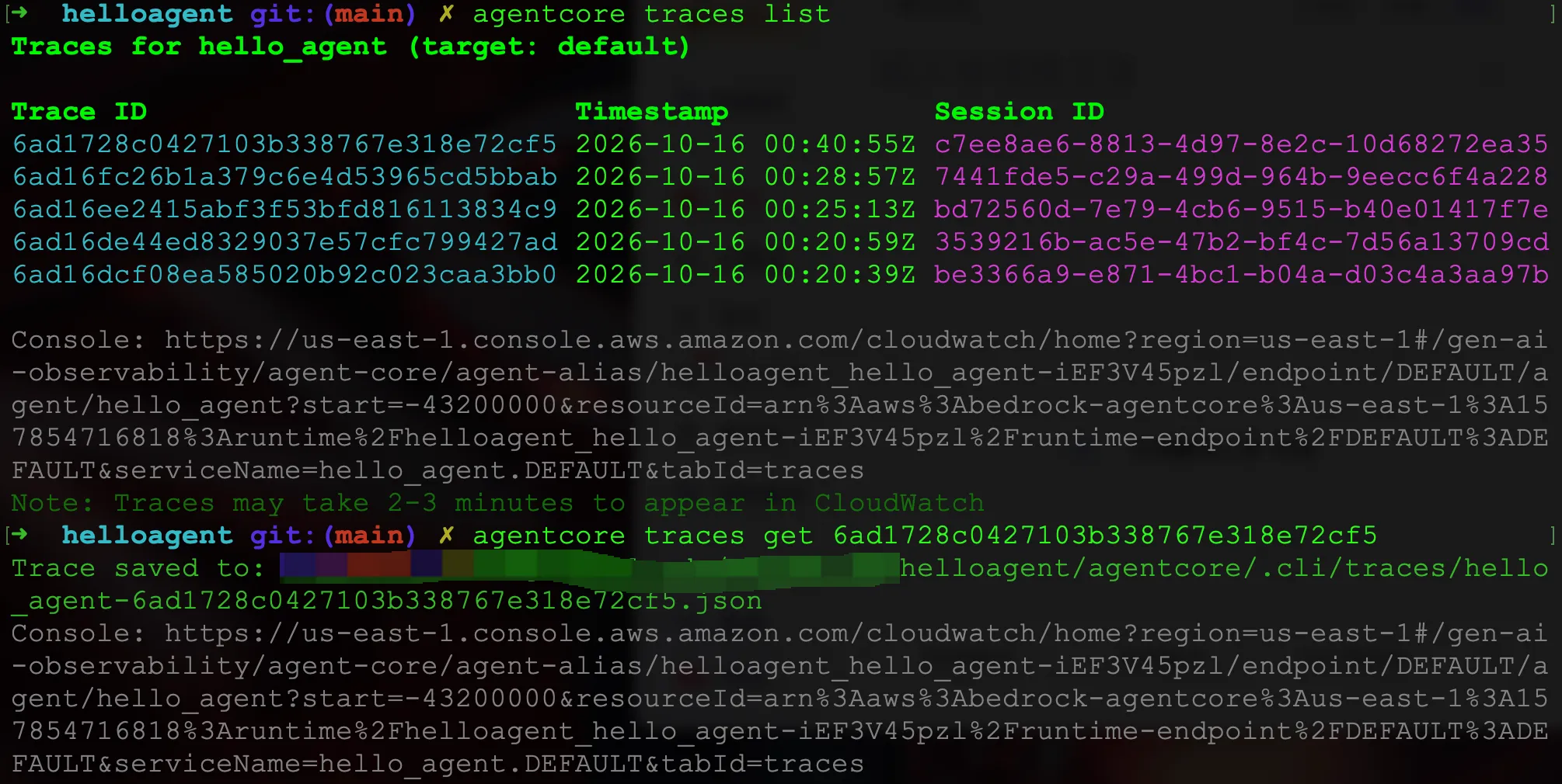 Terminal output of agentcore traces list and traces get, with the trace from the earlier invoke at t