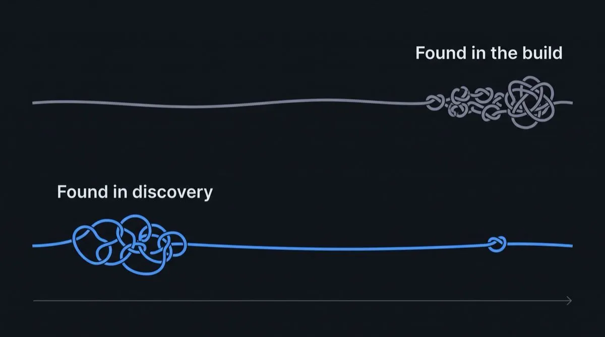 Two threads, time running left to right along a faint arrow at the bottom. The upper, grey thread, labelled 'Found in the build', is how earlier projects went: a cluster of tight knots bunches near its end. The lower, blue thread, labelled 'Found in discovery', is this project: a loose tangle of knots sits near its start, the thread then runs smooth, and a single small knot remains near the end. Illustrative, not a measurement.