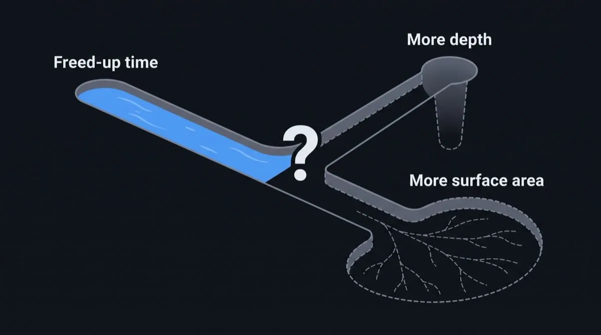 A channel of blue water labelled 'Freed-up time' runs in from the upper left and stops at a fork marked with a large question mark. Both branches are dry. The upper branch leads to a narrow, deep basin labelled 'More depth'; the lower branch opens into a wide, shallow basin traced with branching rivulets, labelled 'More surface area'. Neither is filled: the choice has not been made.