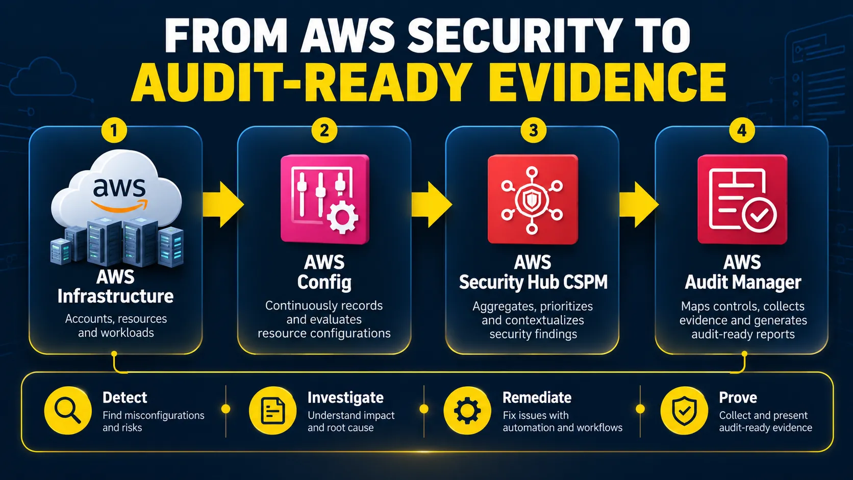 From AWS Security to Audit-Ready Evidence: AWS Config, Security Hub CSPM & Audit Manager AWS SOC 2 compliance workflow infographic showing four connected stages: AWS Infrastructure → AWS Co