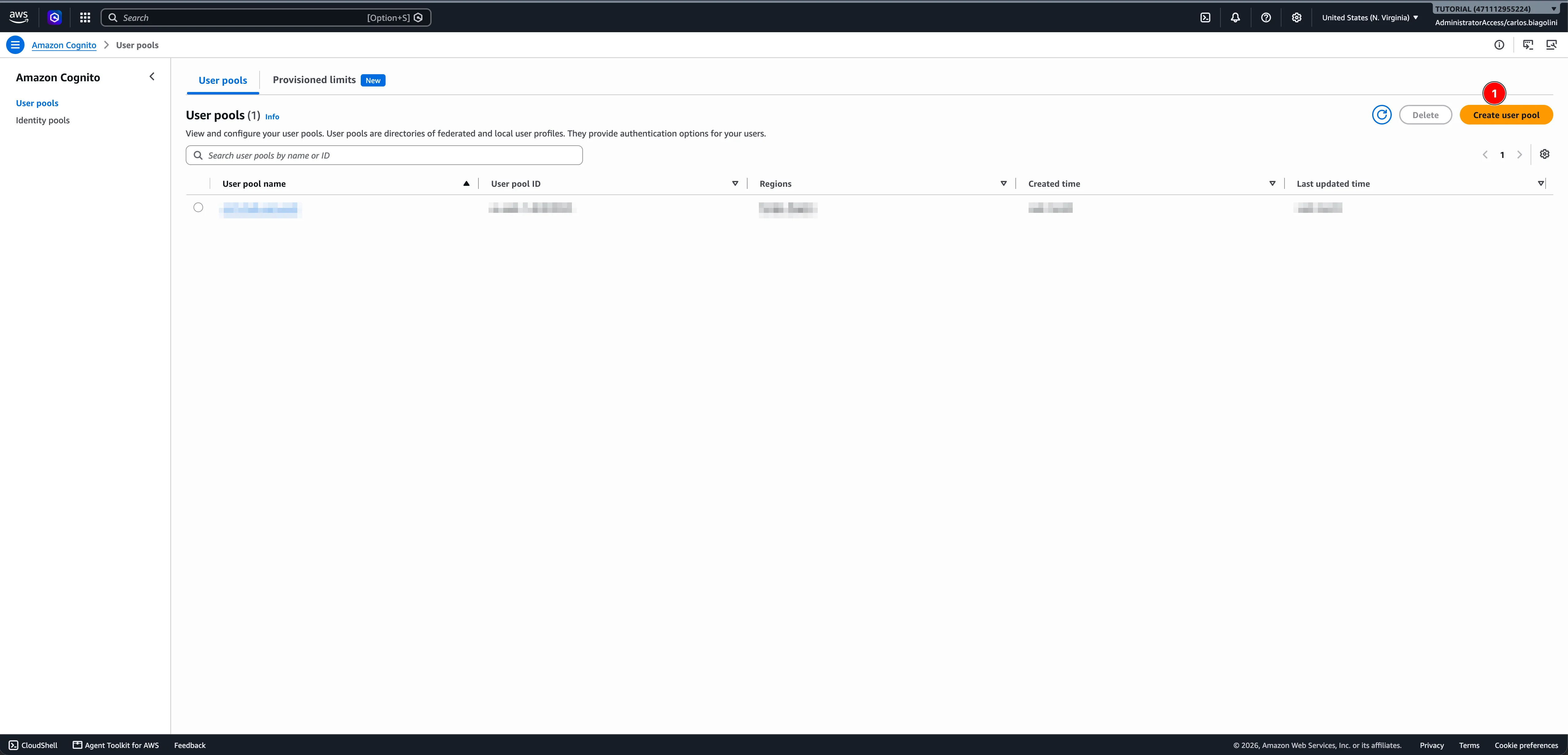 Tela inicial de criação de user pool no Cognito Console do Amazon Cognito mostrando a página User pools com o botão Create user pool para iniciar o