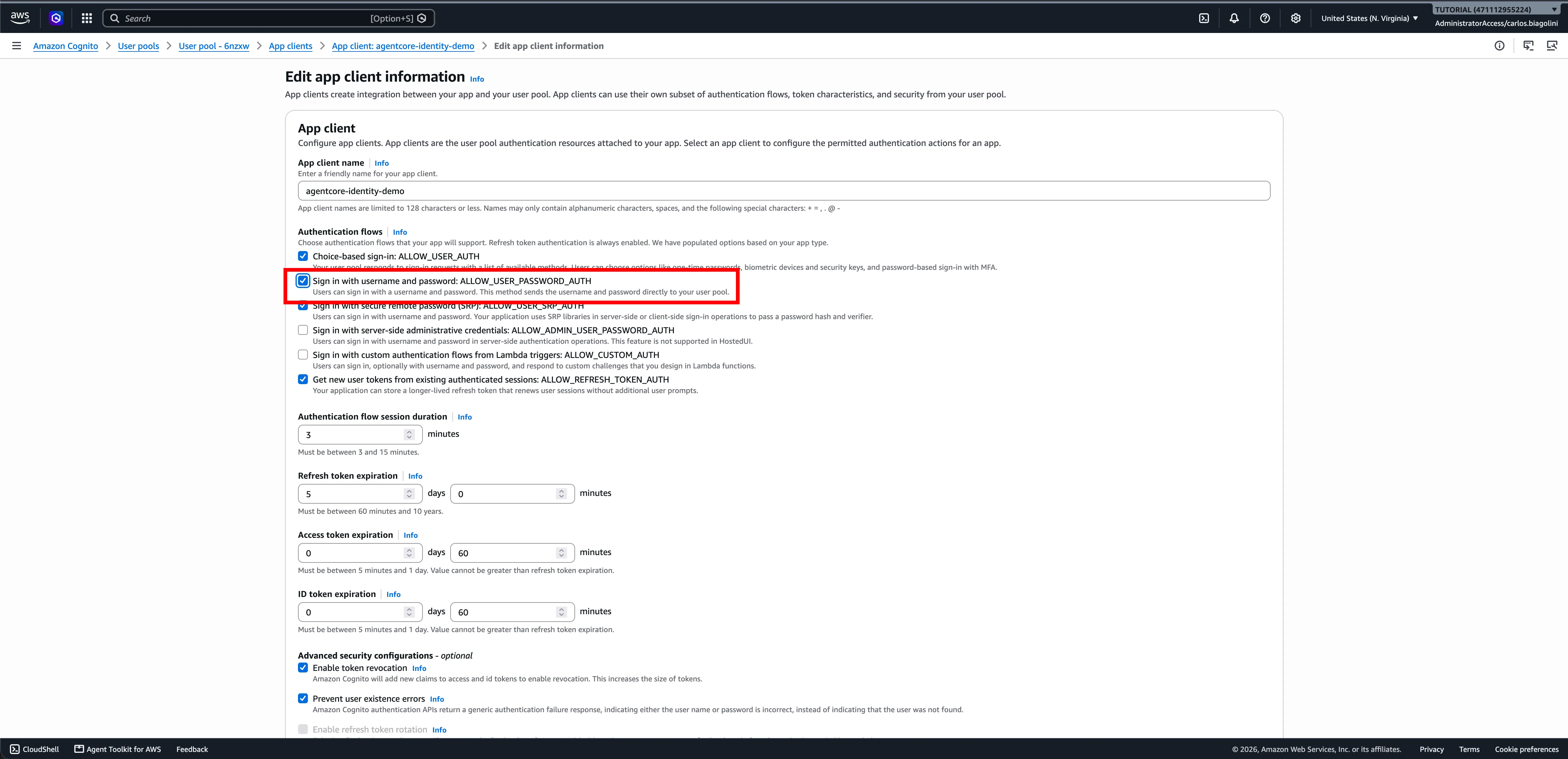 Fluxos de autenticação com USER_PASSWORD_AUTH habilitado Editor de fluxos de autenticação do app client com ALLOW_USER_PASSWORD_AUTH habilitado junto com os