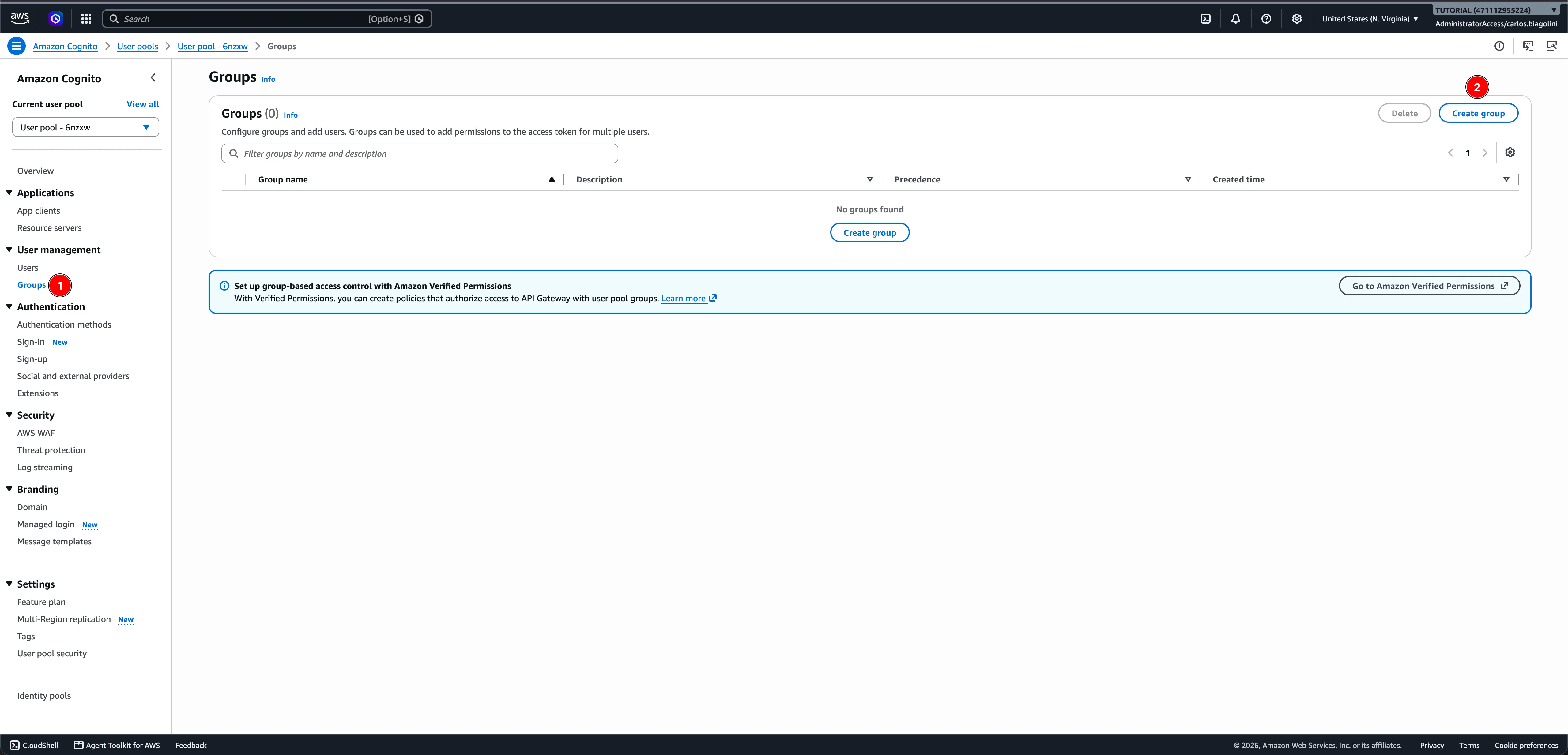 Página de grupos com o botão Create group Página Groups do user pool do Cognito mostrando o botão Create group para adicionar os grupos custom