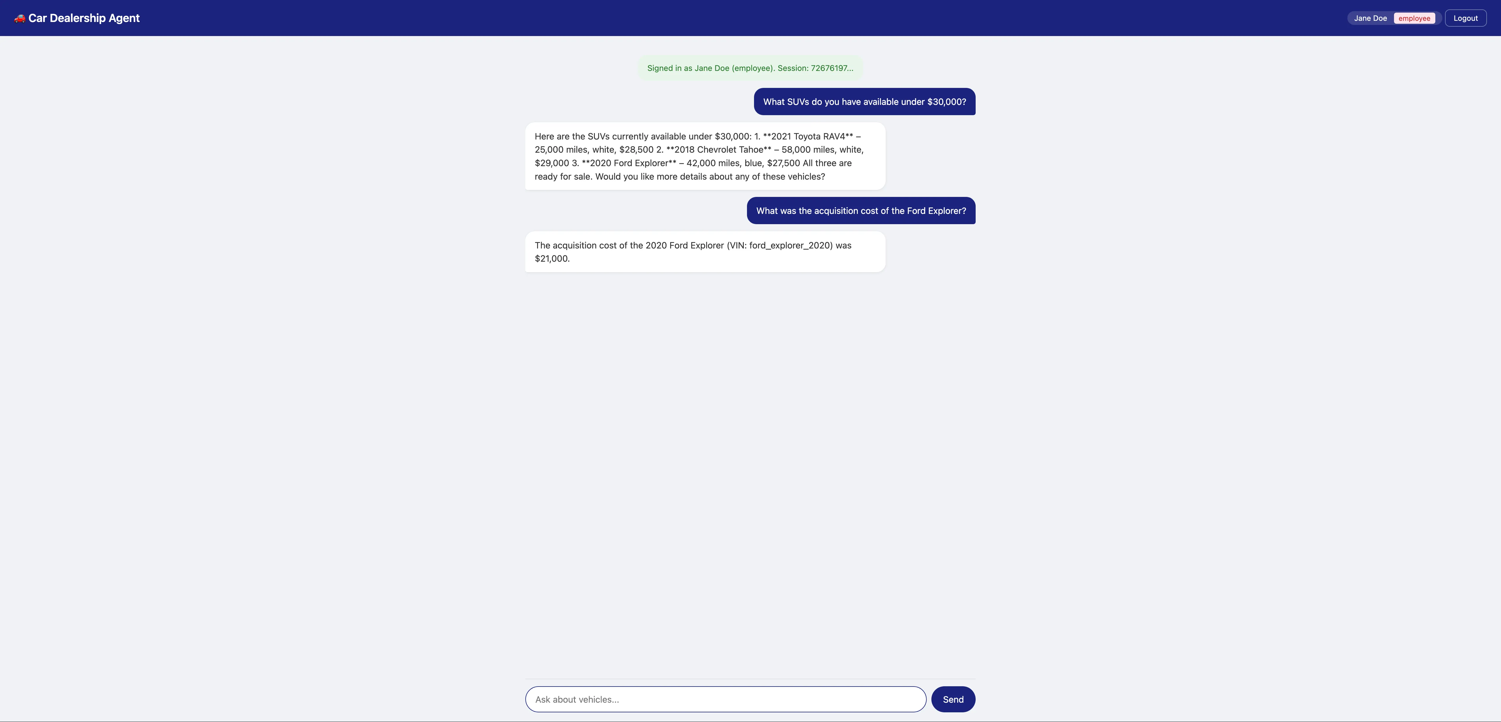 Resultados do teste com o funcionário Chat do frontend mostrando o usuário funcionário listando veículos e recebendo o custo de aquisição