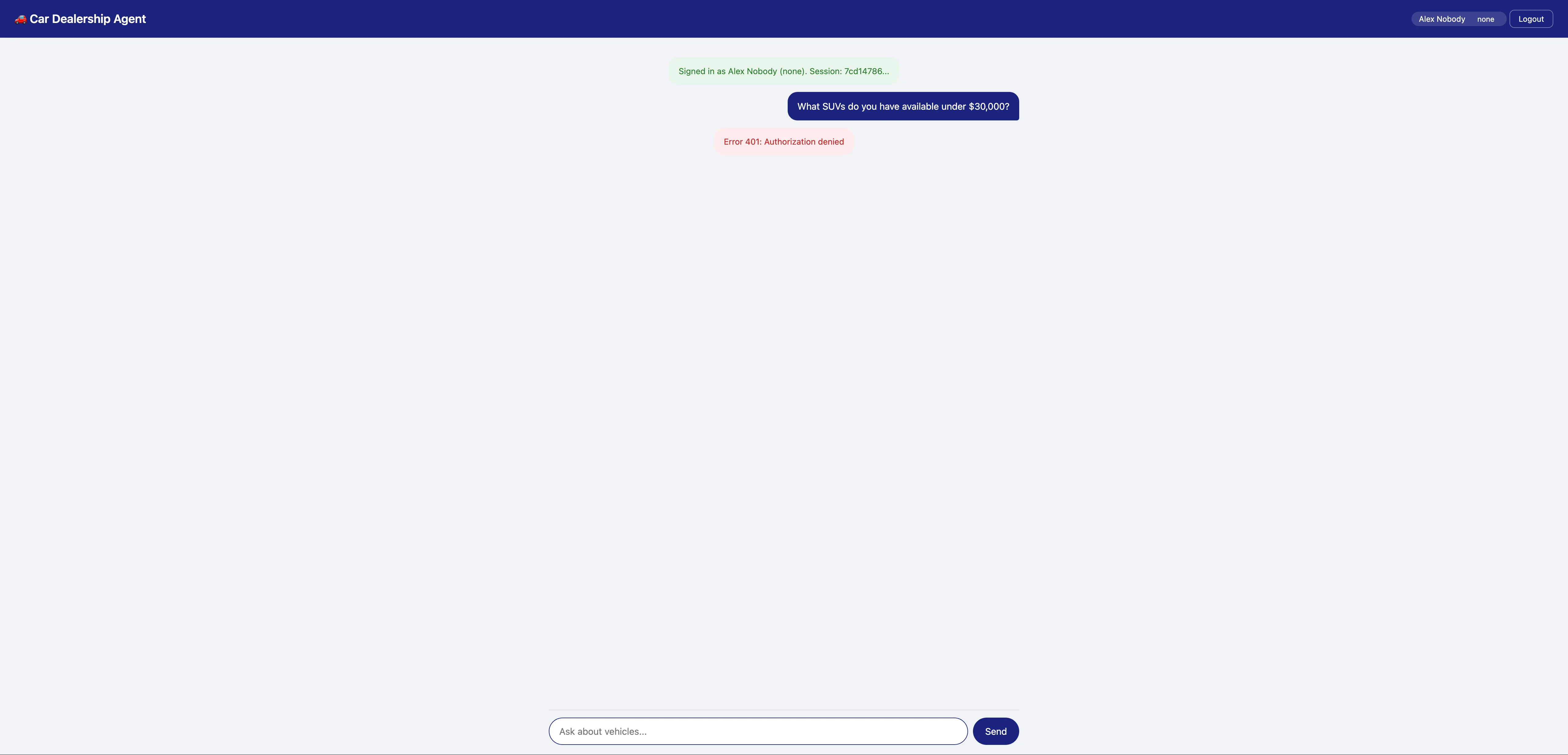 Usuário sem grupo rejeitado na plataforma Chat do frontend mostrando o usuário sem grupo recebendo a mensagem Error 401 Authorization denied p