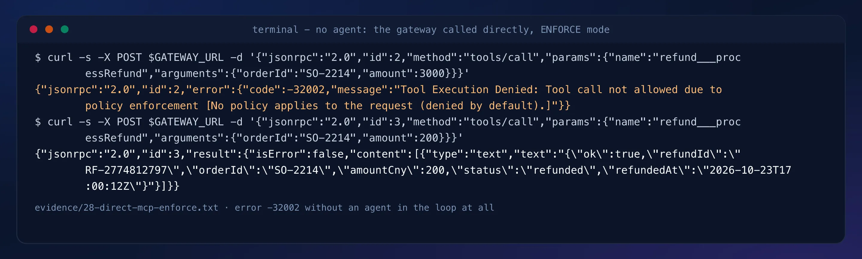 Terminal capture: direct MCP calls, 3000 denied with error -32002, 200 refunded