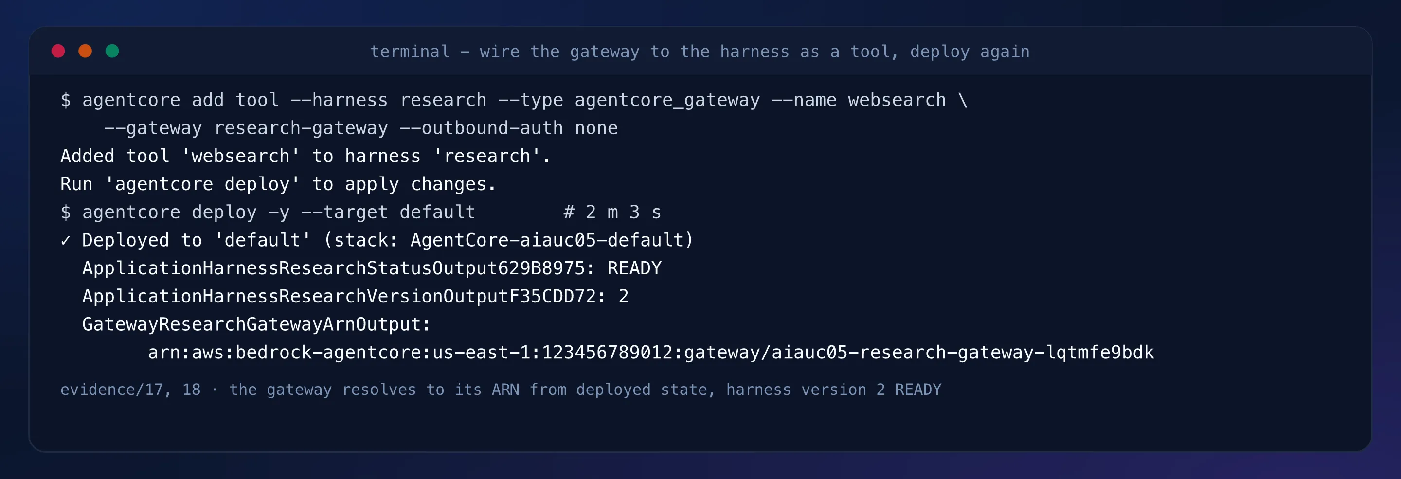 Terminal capture: the gateway tool added to the harness, then the second deploy of 2 minutes 3 seconds