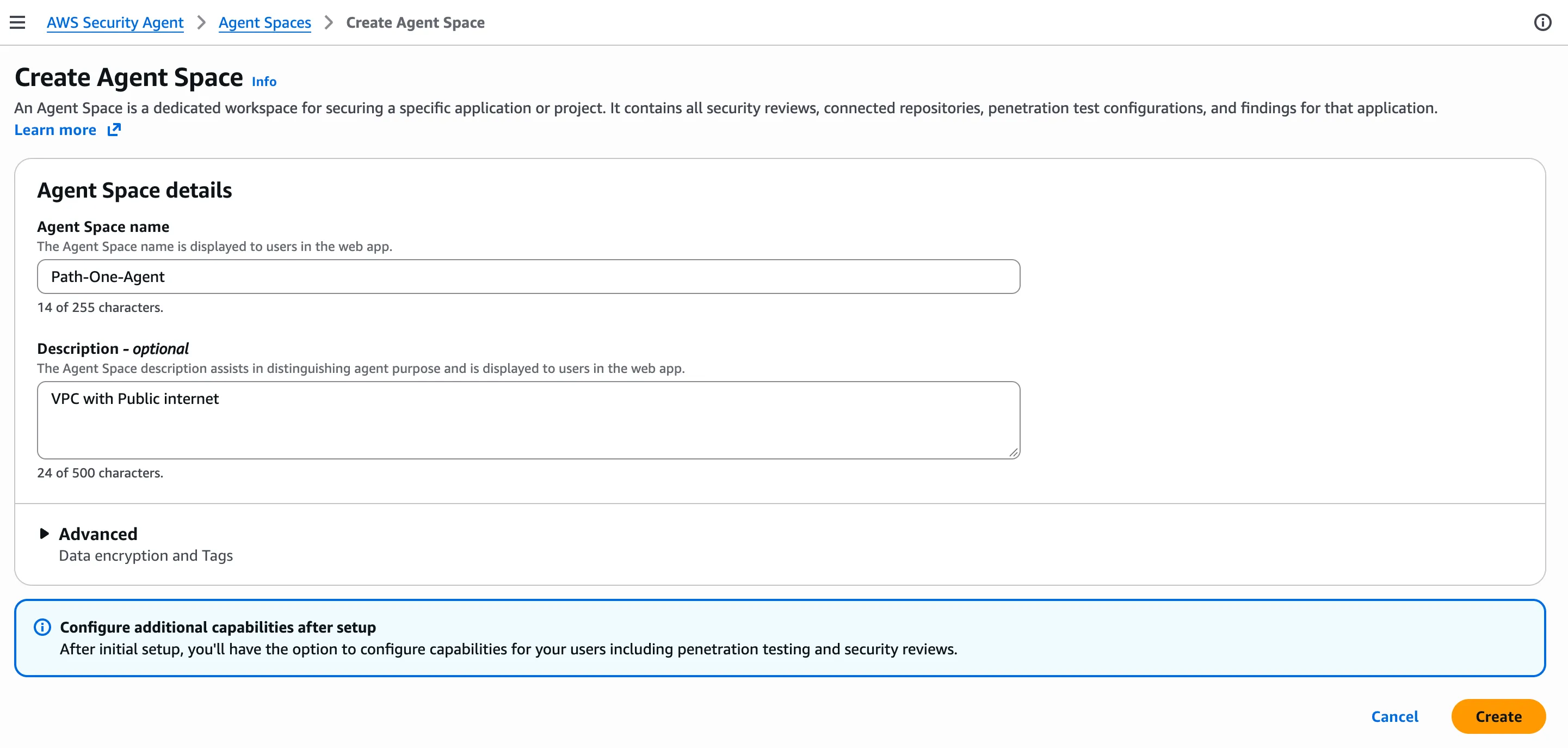 Create Agent Space Create Agent Space form, named Path-One-Agent with description "VPC with Public internet"