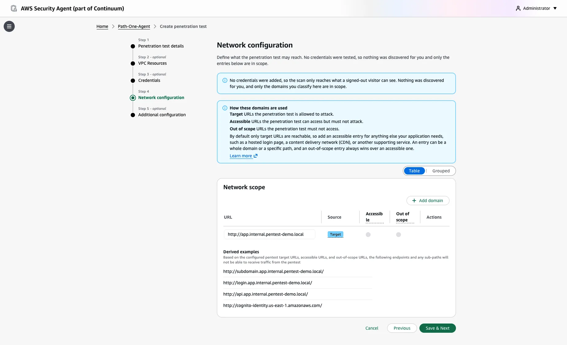 Network configuration Network configuration: the target URL marked as Target, with derived out-of-scope examples including