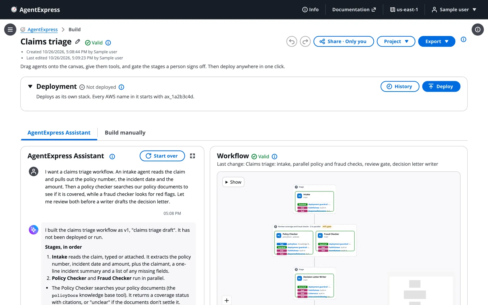 A prompt in, a multi-agent workflow out The Claims triage build: the prompt in the Assistant chat on the left, and the Workflow preview mark