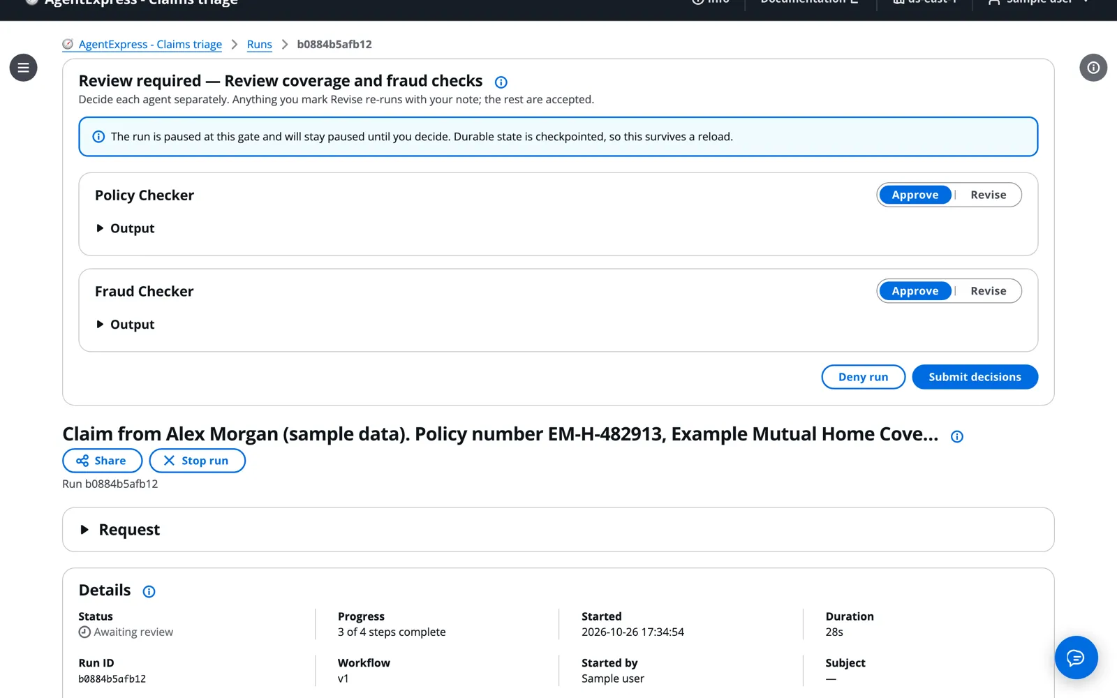 Human in the loop: review each check before the run continues Review required for Review coverage and fraud checks: Policy Checker and Fraud Checker each with App