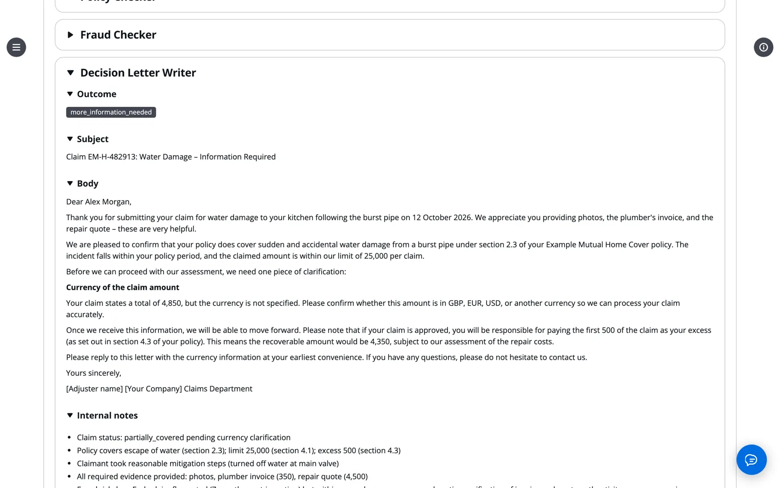 The letter asks for missing information instead of guessing The Outputs tab with Decision Letter Writer expanded: an outcome of more information needed, the sub