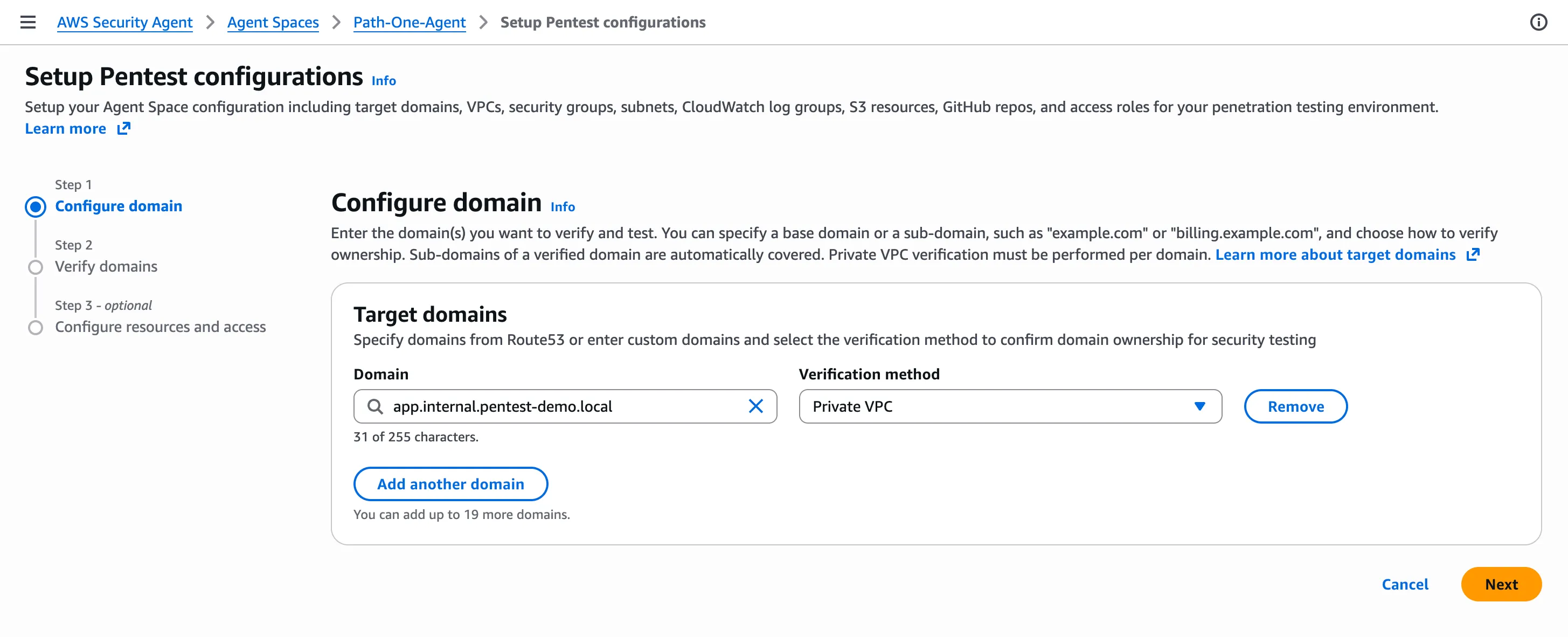 Configure domain: app.internal.pentest-demo.local with verification method Private VPC