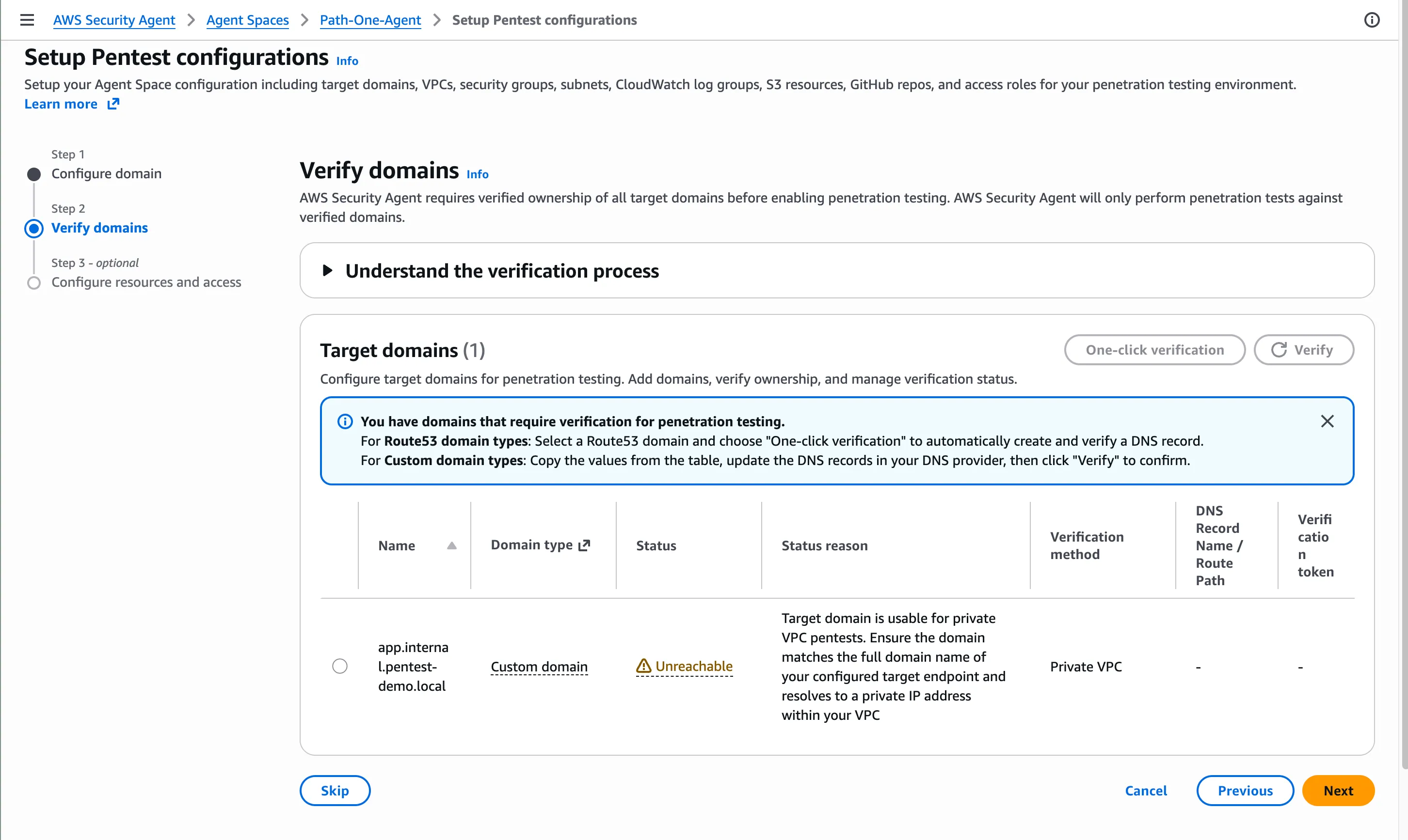 Verify domains: app.internal.pentest-demo.local with status Unreachable and verification method Priv