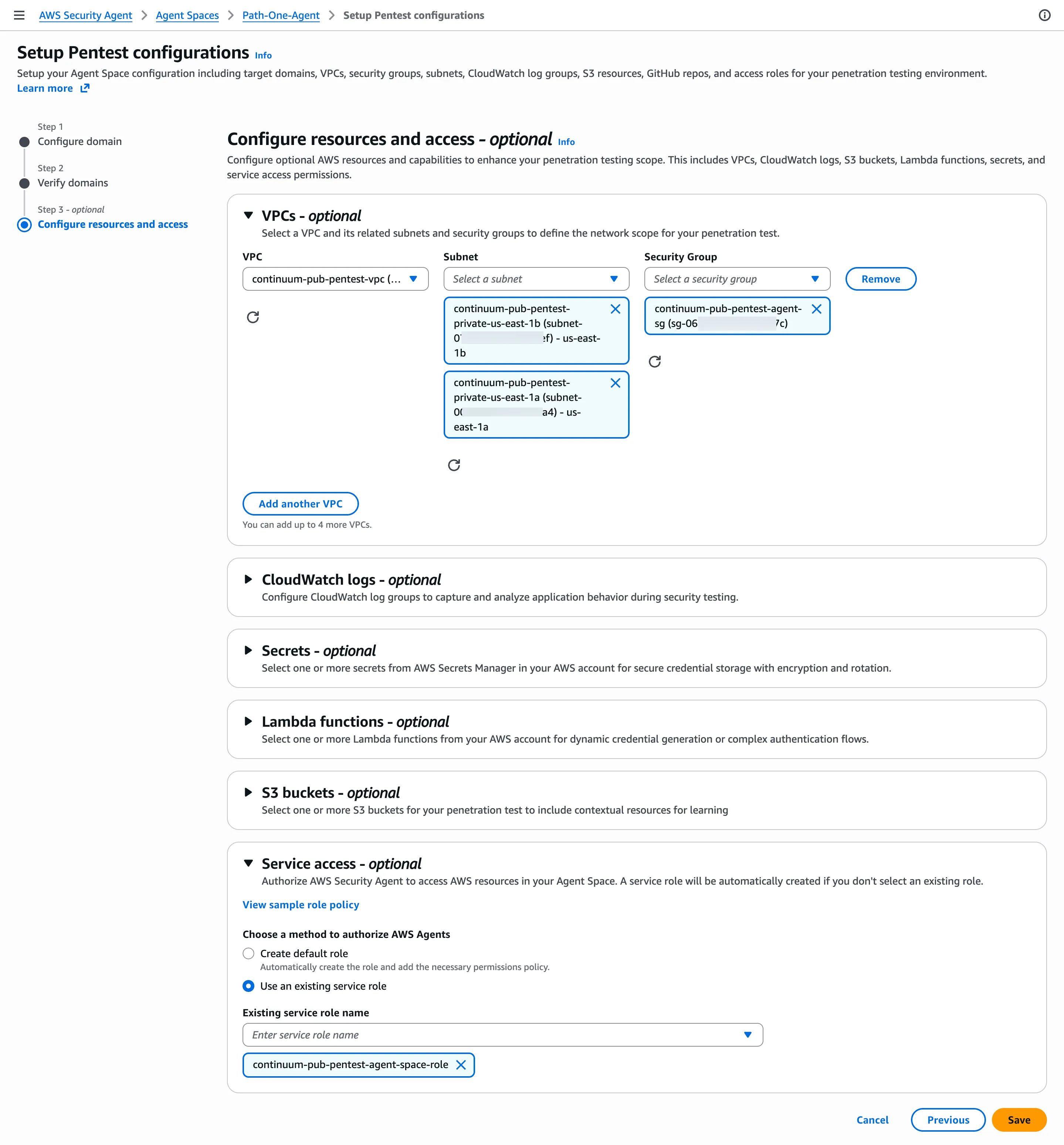Setup Pentest configurations: VPC, both private subnets, the agent security group, and an existing s