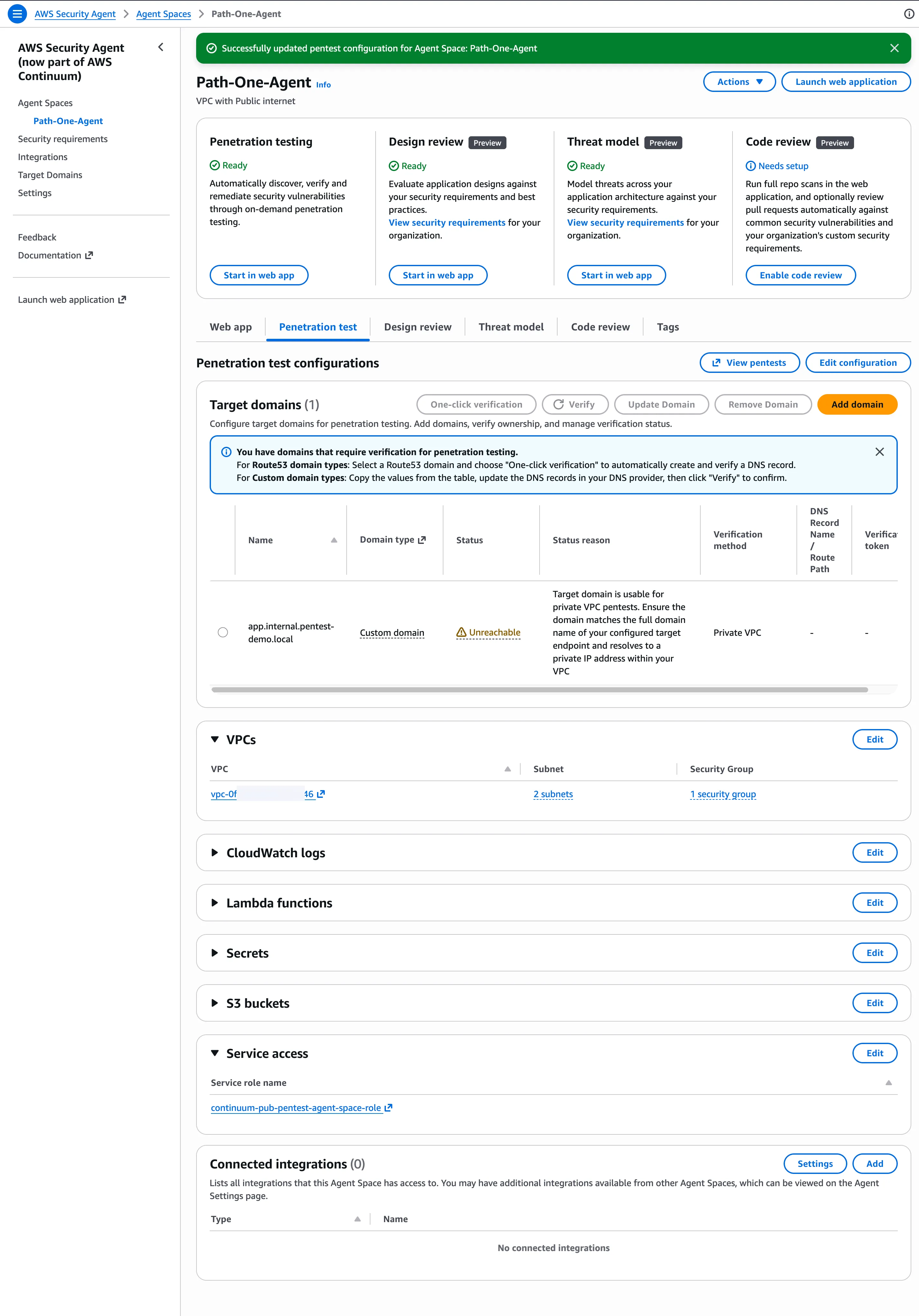 Target domains table showing app.internal.pentest-demo.local as a Custom domain with status Unreacha